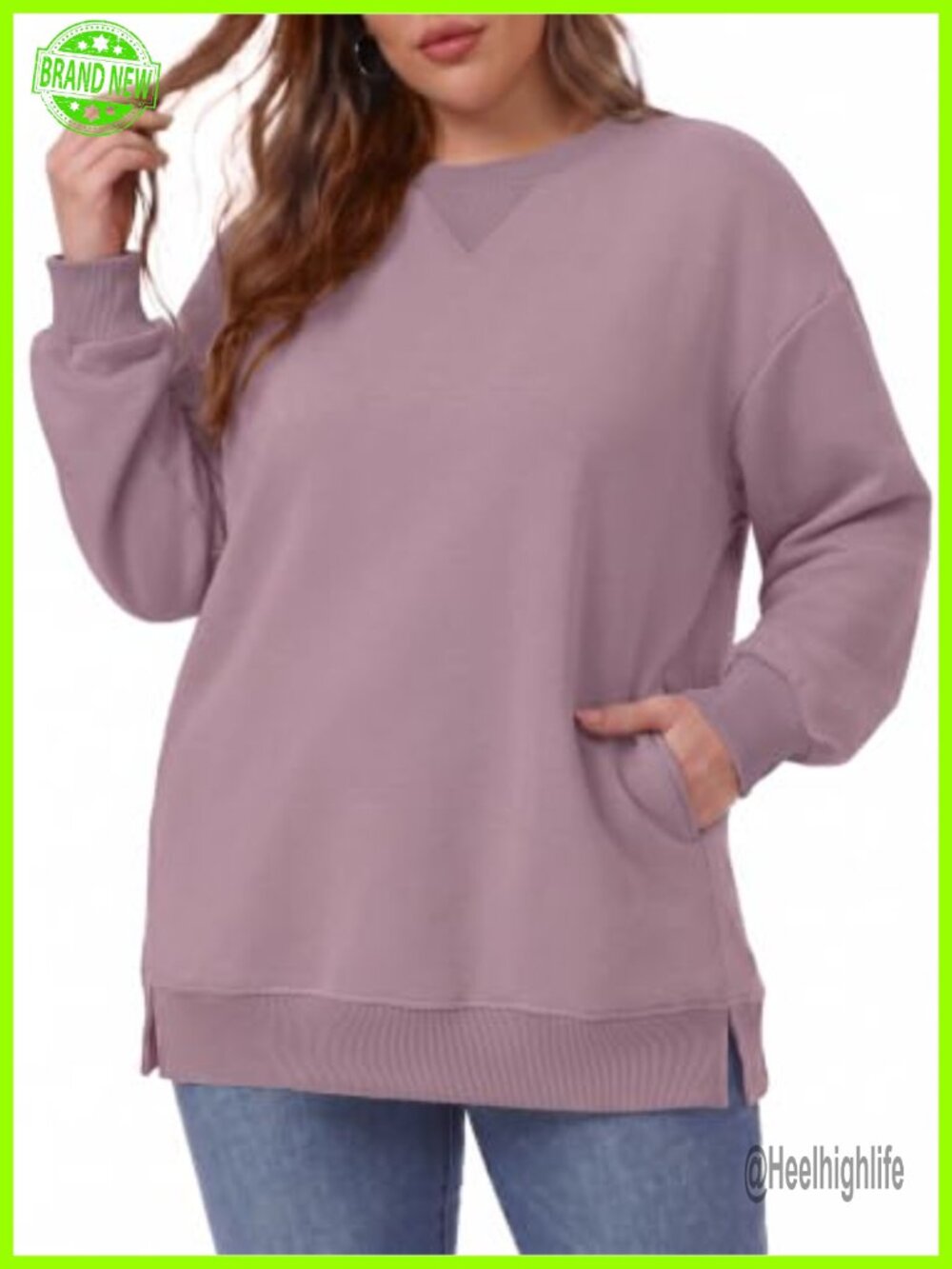 Plus Size Oversized Crew Neck Sweatshirt Tunic Length Side Slits Pockets Drop